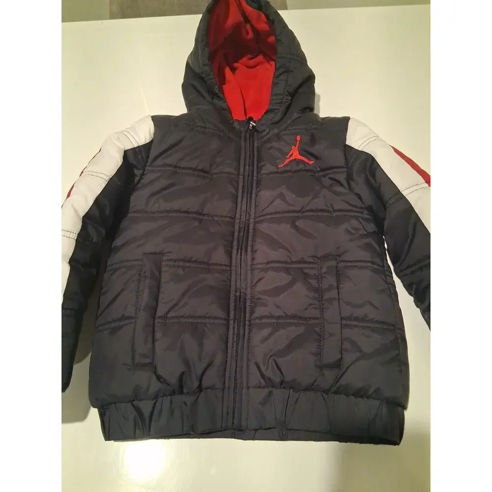 NIKE AIR JORDAN Boys Puffer Jacket XS 4 Black Red White Zip Coat Fleece Lined